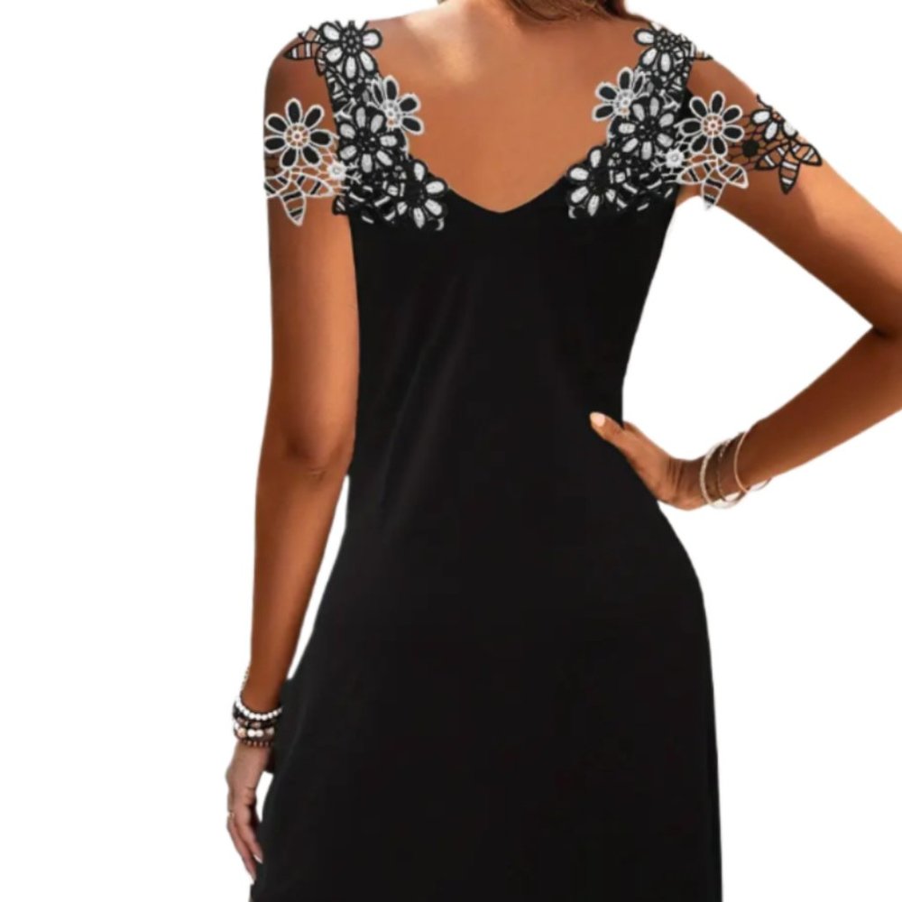 Floral Embroidered Midi Dress Womens Large Black Casual Party Summer Dress - Picture 2 of 5